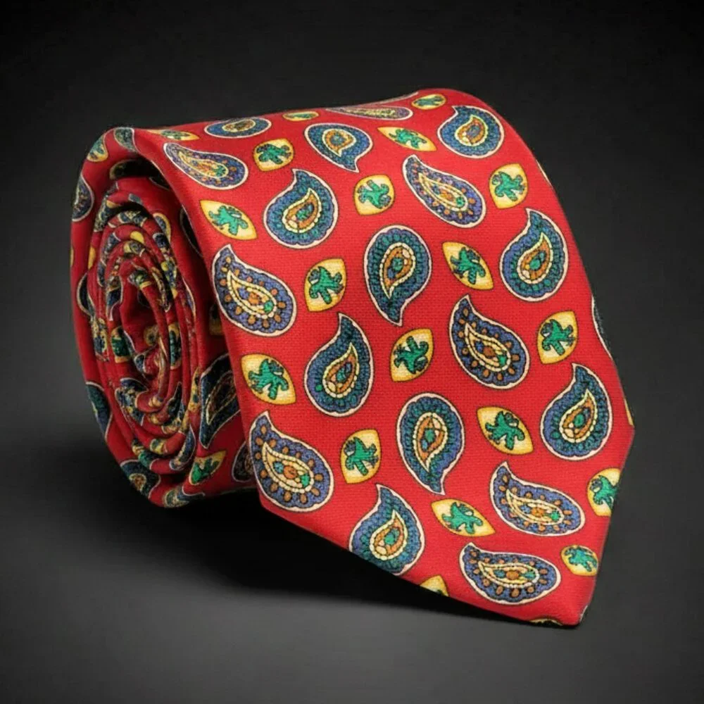 Tommy Hilfiger Tie Vintage 90s Red Blue Paisley Silk Necktie Classic‎ Designer